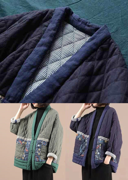 Green V Neck Pockets Fine Cotton Filled Jacket Winter