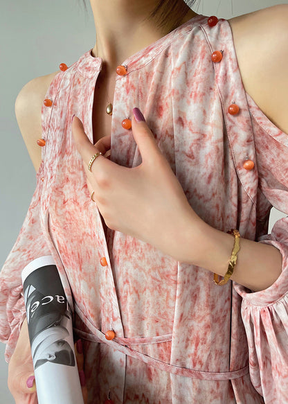 O-neck Print Button Pockets Tie Waist Chiffon Long Dresses Long Sleeve