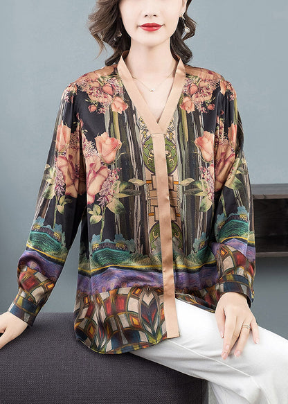 V Neck Print Silk Top Long Sleeve
