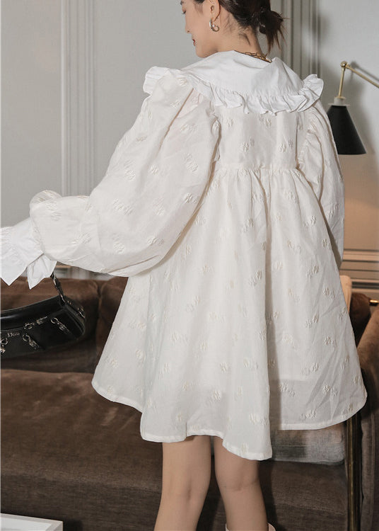 Modern White Wrinkled Peter Pan Collar Jacquard Dresses Flare Sleeve