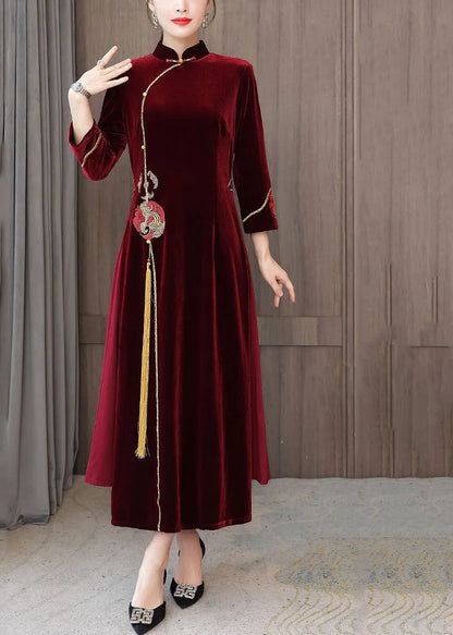Mulberry Embroideried Side Open Velour Dresses Vestidos Bracelet Sleeve