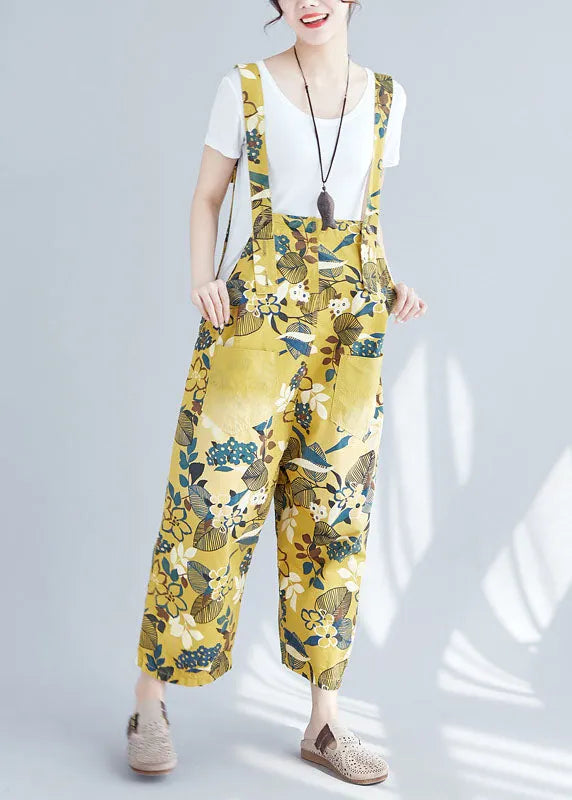 Yellow Pockets Print Denim Crop Wide Leg Jumpsuit Spring