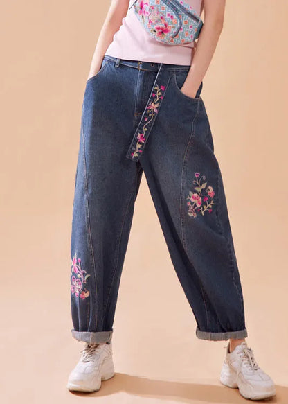 Denim Blue Embroideried Button Pockets Zippered Wide Leg Pants Summer