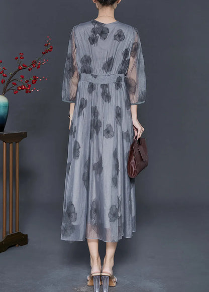 Grey Tasseled Print Silk Long Dress Bracelet Sleeve