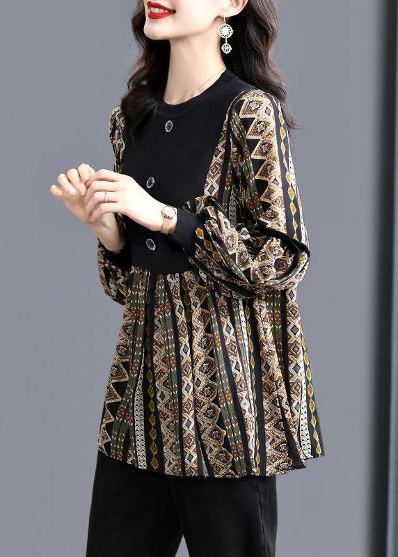 Black O-neck Patchwork Striped Print Shirt Tops Long Sleeve