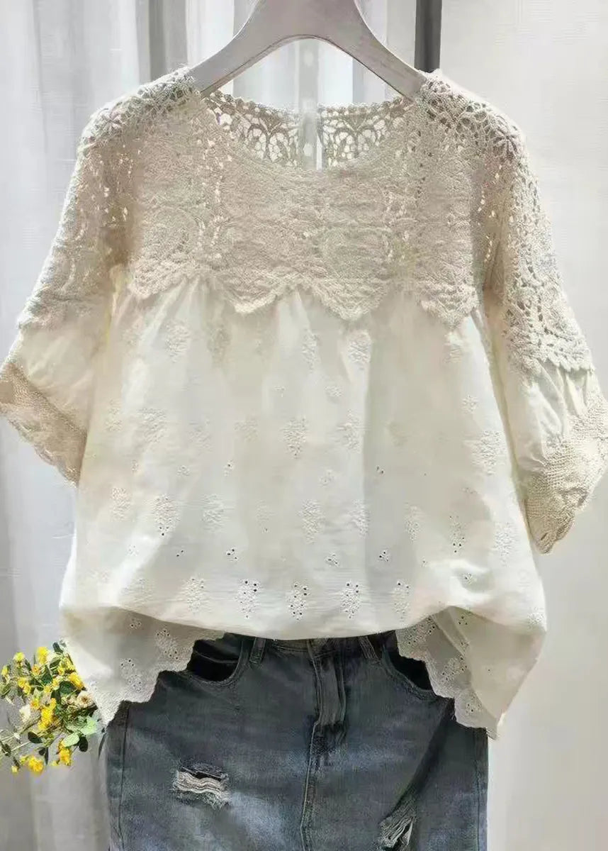 Style Beige O-neck Hollow Out Tops Summer