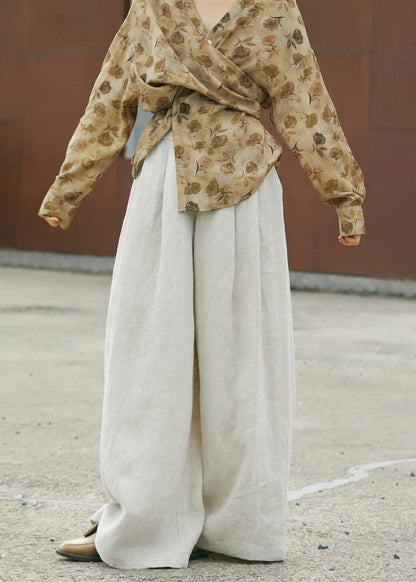 Simple Style High Waist Linen Wide Leg Pants Fall