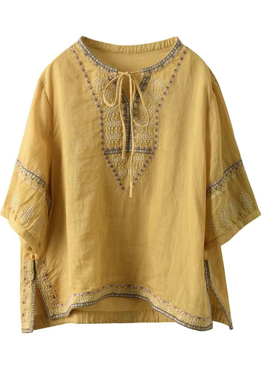 Yellow Embroidered Tie Neck Linen Blouses Half Sleeve