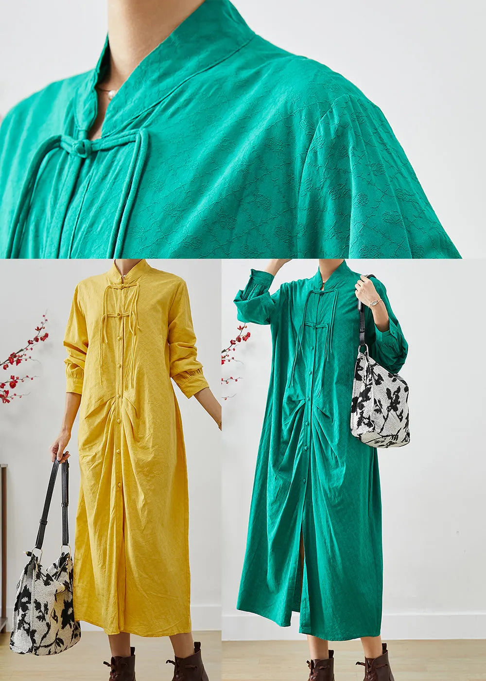 Yellow Tasseled Wrinkled Cotton Shirt Dress Fall