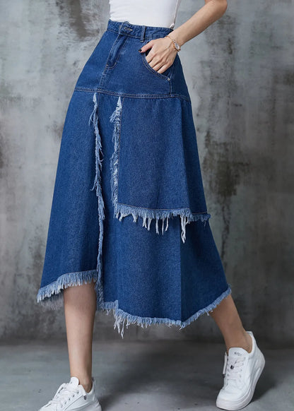 Navy Asymmetrical Patchwork Denim Skirt Summer