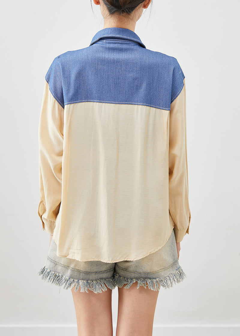 Apricot Oversized Patchwork Cotton Fake Two Piece Shirt Top Fall