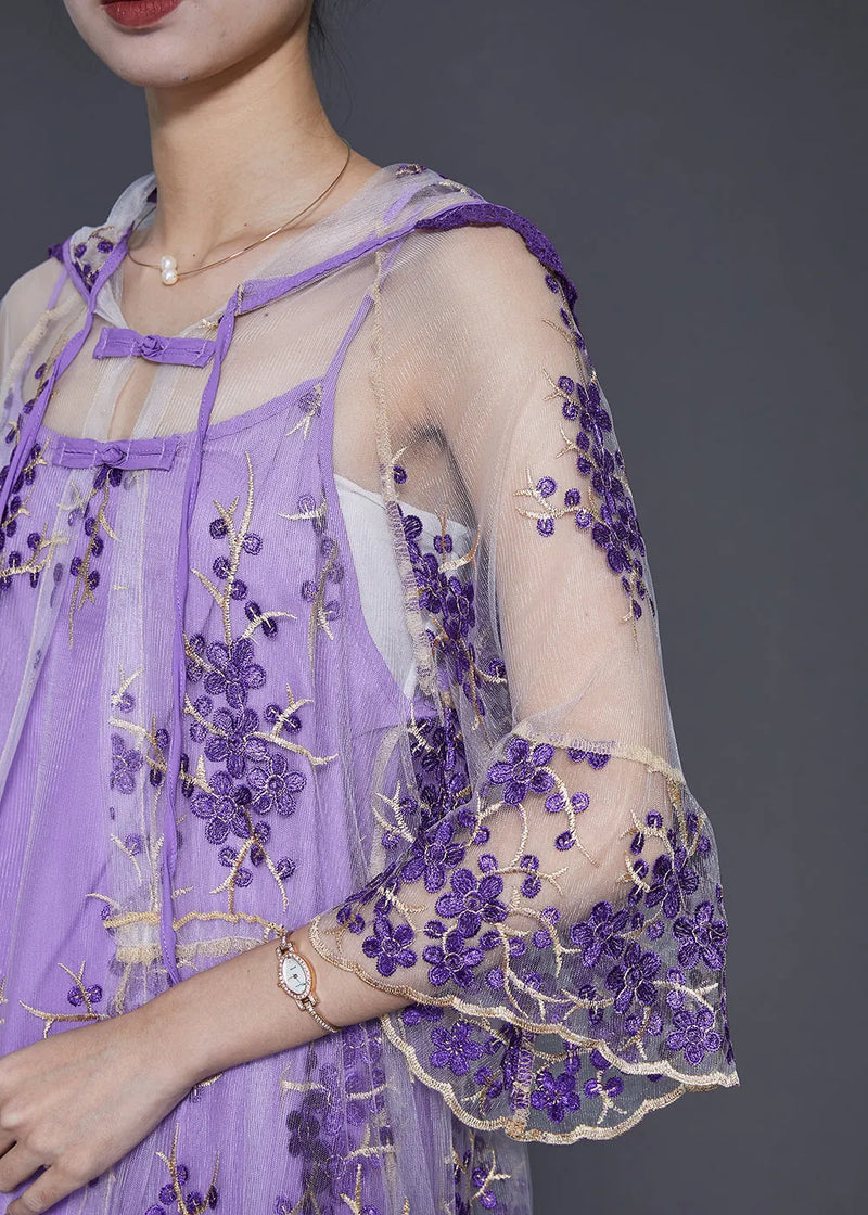 Purple Embroidered Tulle Dress Two Pieces Set Summer
