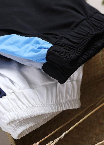 Black Elastic Waist Pockets Sports Cotton Pants