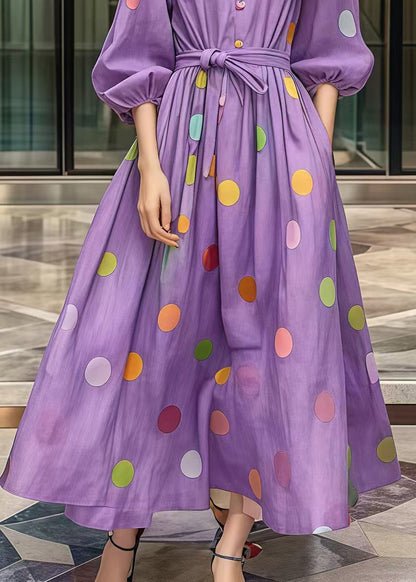 Purple Tie Waist Print Cotton Robe Dresses Fall