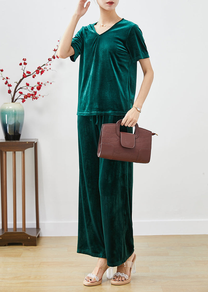 Blackish Green Slim Fit Silk Velour Two Pieces Set Fall