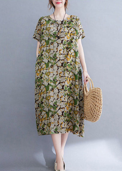 Green O-neck Print Pockets Long Dress Short Sleeve