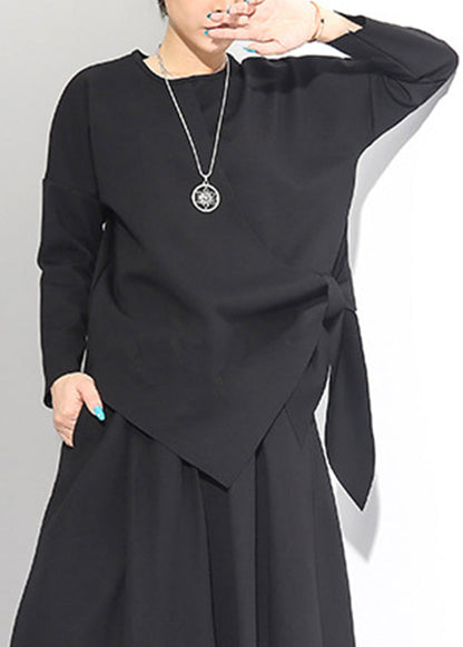 Black O-neck Asymmetrical Tie Waist Bow Top Long Sleeve