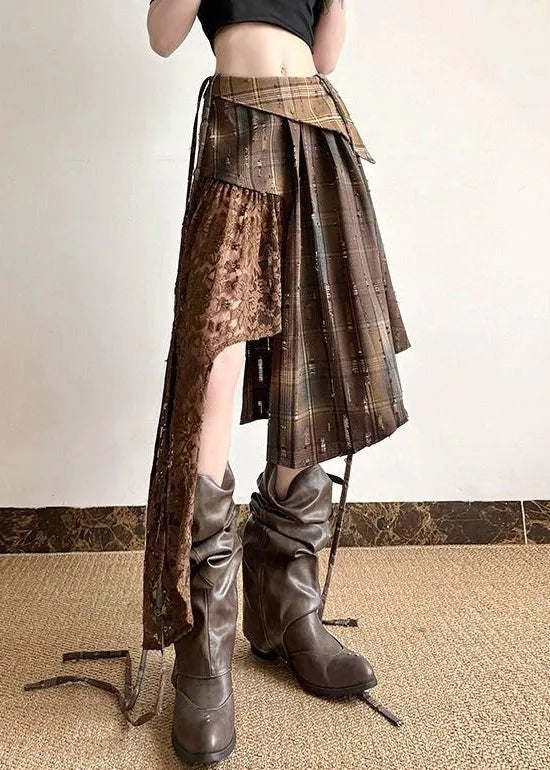 Plaid Asymmetrical Lace Patchwork Cotton Skirt Summer