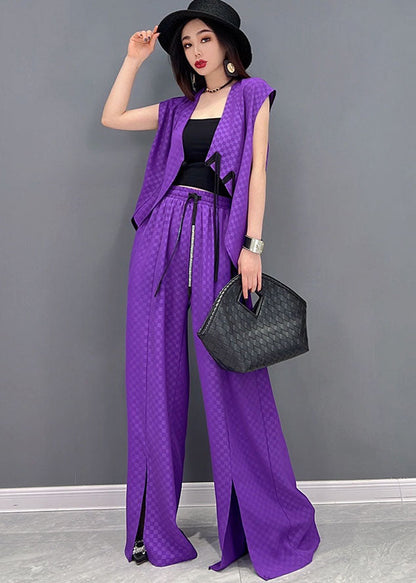Purple Jacquard Chiffon Vest and Wide Leg Pants Two Pieces Set Elastic Waist Sleeveless