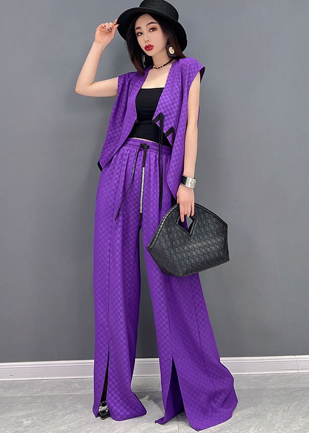 Purple Jacquard Chiffon Vest and Wide Leg Pants Two Pieces Set Elastic Waist Sleeveless