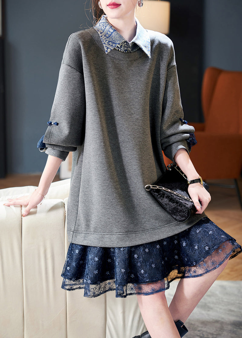 Grey Peter Pan Collar Patchwork False Two Pieces Cotton Dress Spring