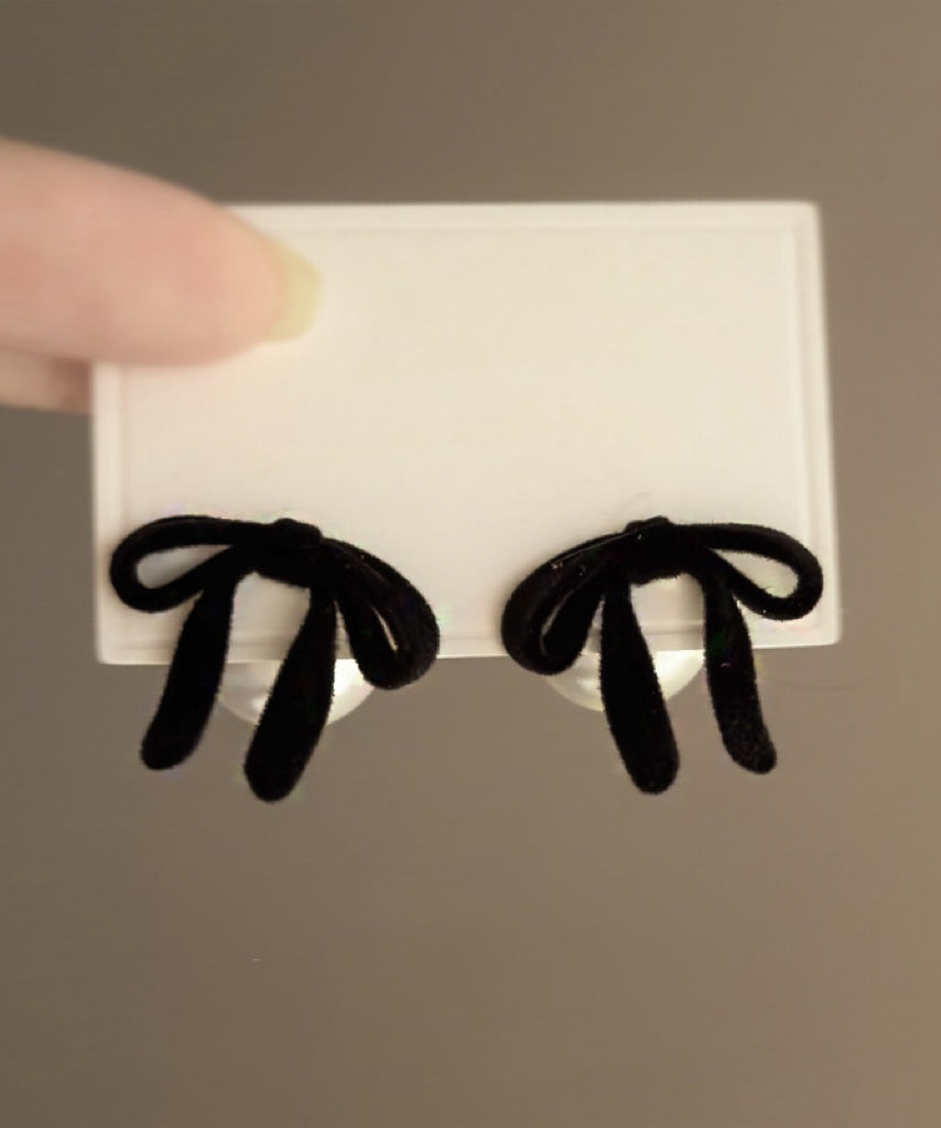 Pink Silk Velour Alloy Pearl Bow Stud Earrings