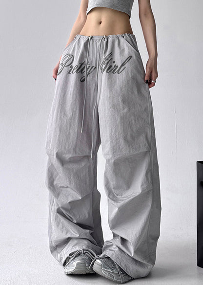Grey Pockets Cotton Wide Leg Pants Drawstring