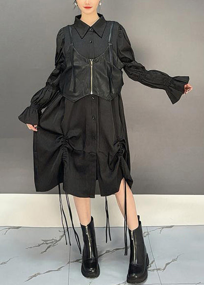 Loose Black Lace Up Waistcoat and Shirts Dresses Cotton Two Pieces Set Butterfly Sleeve