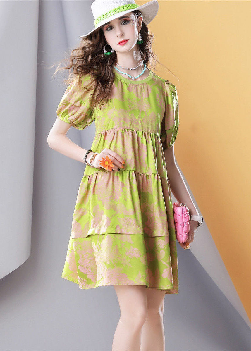 Green O Neck Wrinkled Patchwork Print Silk Dress Summer