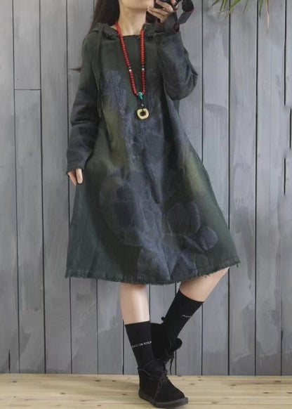 Purple Hooded Print Patchwork Cotton Dress Spring