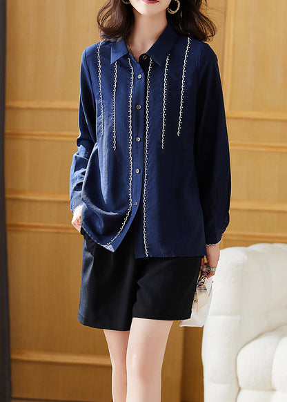 New Navy Peter Pan Collar Button Patchwork Cotton Shirt Top Fall