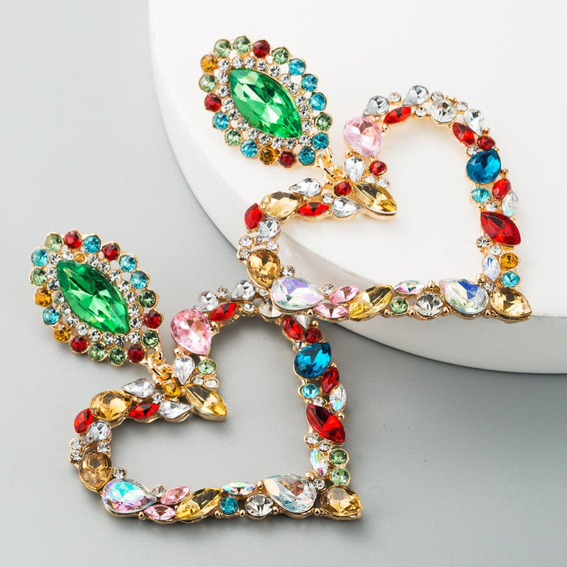 Heart-shaped Alloy With Colored Diamonds Retro Temperament Exaggerated Earrings