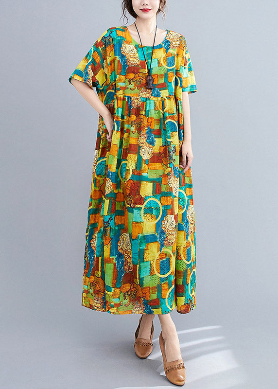 Green O-neck Print Wrinkled Party Dress Short Sleeve