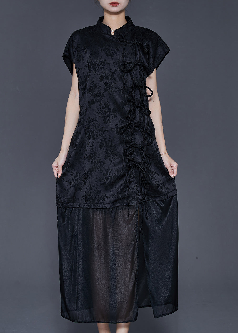 Black Jacquard Patchwork Bow Silk Dress Summer