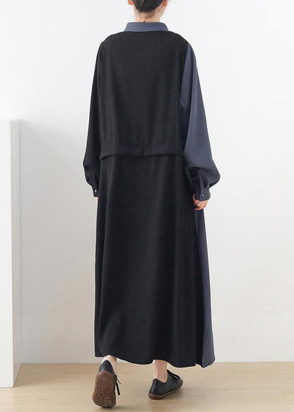 Black Patchwork Blue Button Chiffon Spring Dress