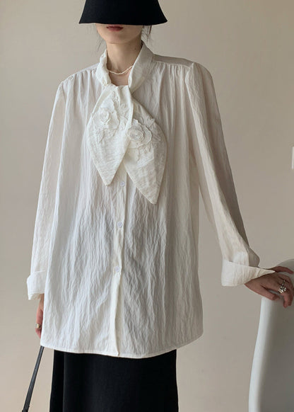 White Bow Button Cotton Blouse Fall