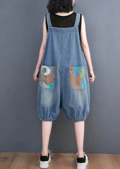 Light Blue Slash Neck Print Button Denim Jumpsuit Summer