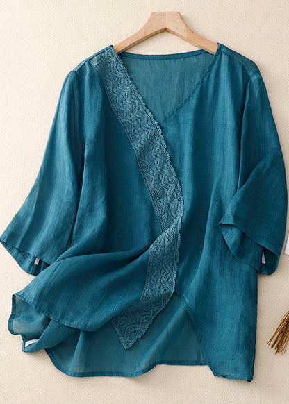 Yellow Asymmetrical Lace Patchwork Linen Shirts Summer