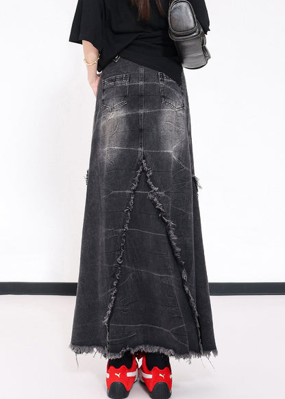 Black Tassel Pockets Patchwork Slim Fit Denim Skirts Fall
