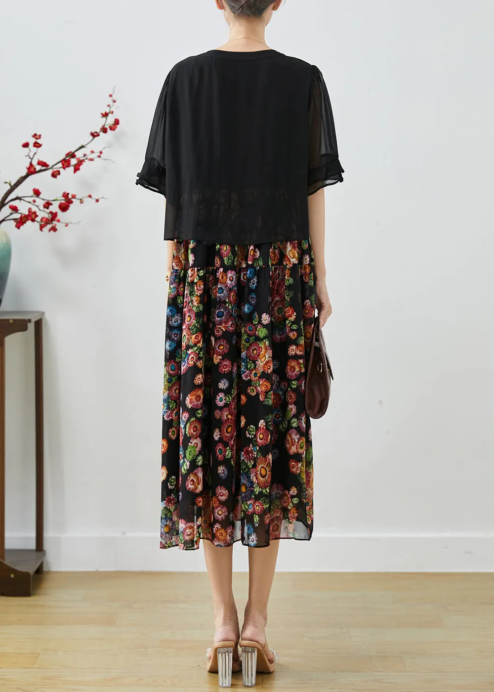 Modern Black Oversized Patchwork Print Chiffon Long Dress Summer