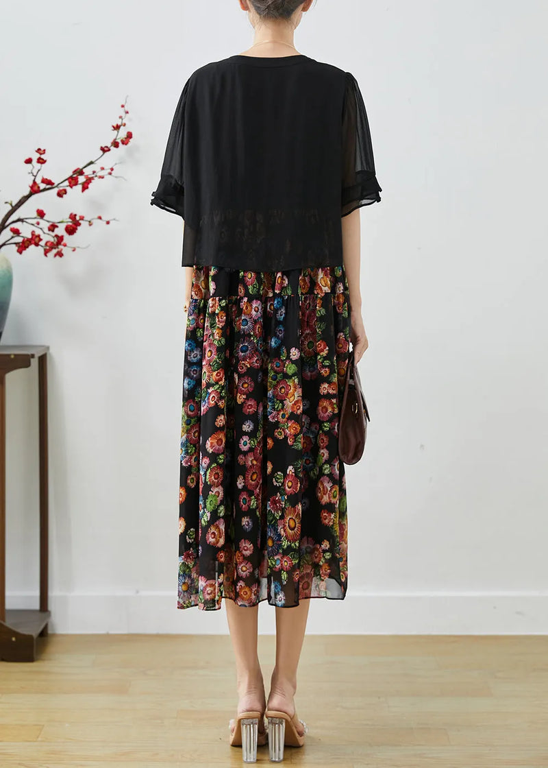 Modern Black Oversized Patchwork Print Chiffon Long Dress Summer