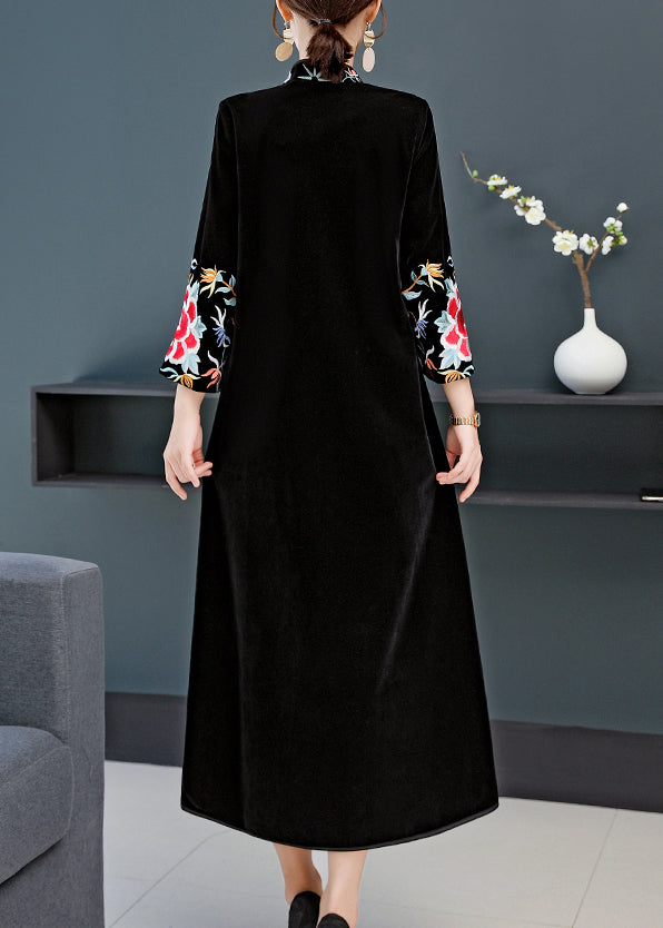Black Stand Collar Embroideried Patchwork Velour Dress Fall