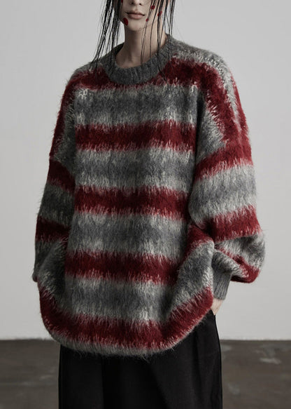Grey Oversized Striped Knit Short Sweater Winter