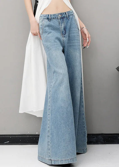 Simple Blue Pockets High Waist Denim Wide Leg Pants Fall