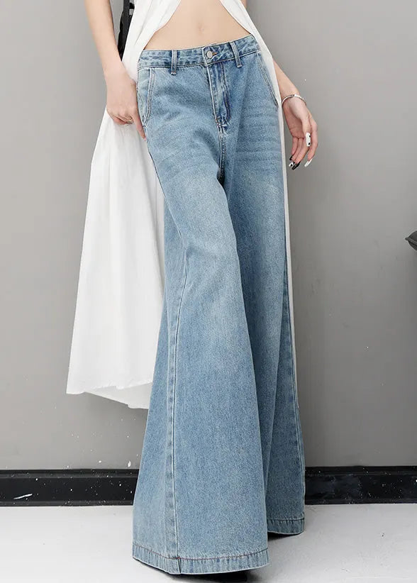 Simple Blue Pockets High Waist Denim Wide Leg Pants Fall