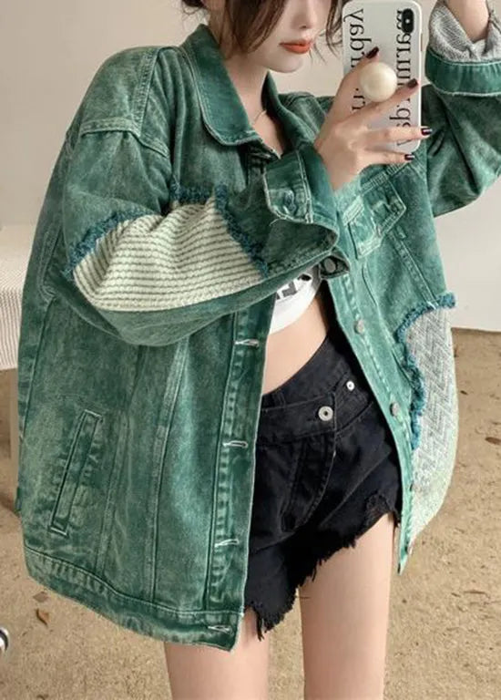 French Green Peter Pan Collar Pockets Patchwork Denim Coats Spring