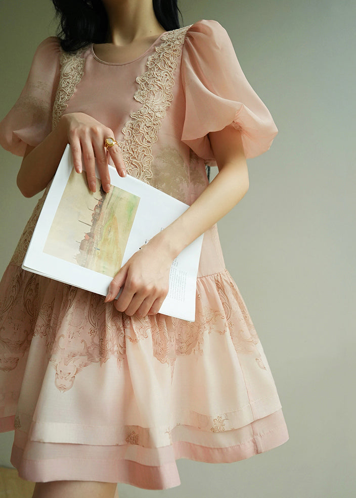 Pink O-neck Embroidered Mid Dresses Summer