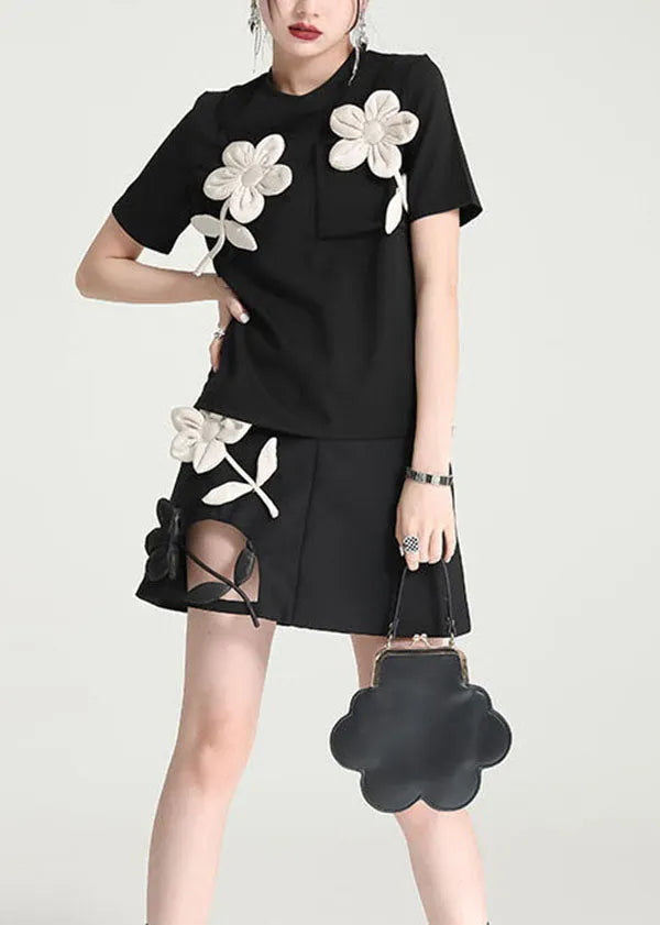 Original Design Black O-neck Patchwork Applique Cotton Tank Tops Short Sleeve
