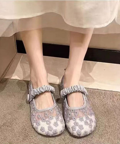 Blue Walking Sandals Tulle Embroidery Buckle Strap Splicing