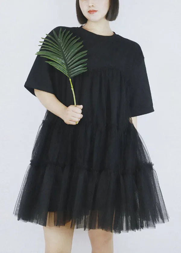 Black Tulle Patchwork Cotton a Line Dress O-neck Short Sleeve